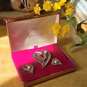 Jewels by Deltah Silver Tone Set of Heat Brooch and Clip On Earrings